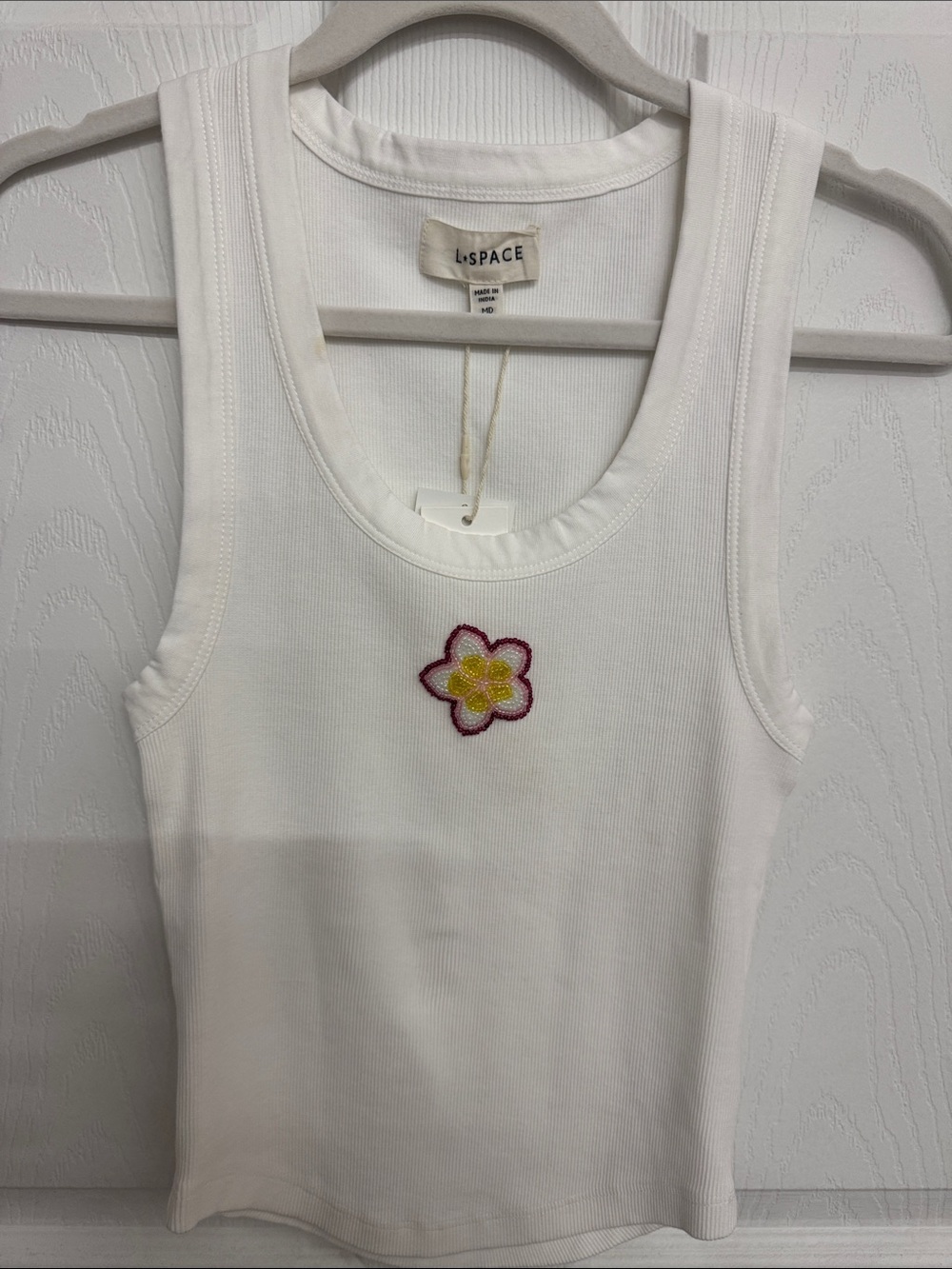 l*space White Ribbed Tank with Pink-Outlined Yellow Flower